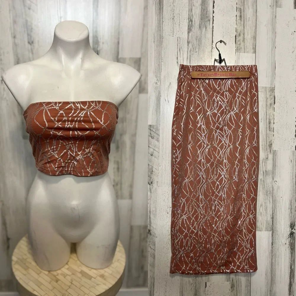 Brown Printed Two Piece Skirt Set Medium | Strapless Tube Top & Midi Skirt